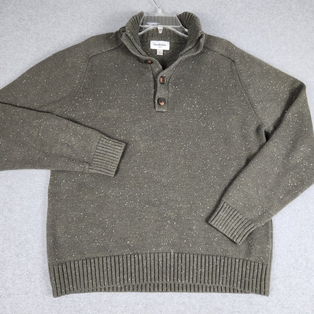 Goodfellow‎ & Co Sweater Mens L Olive Green Flecked Knit Long Sleeve Henley Neck